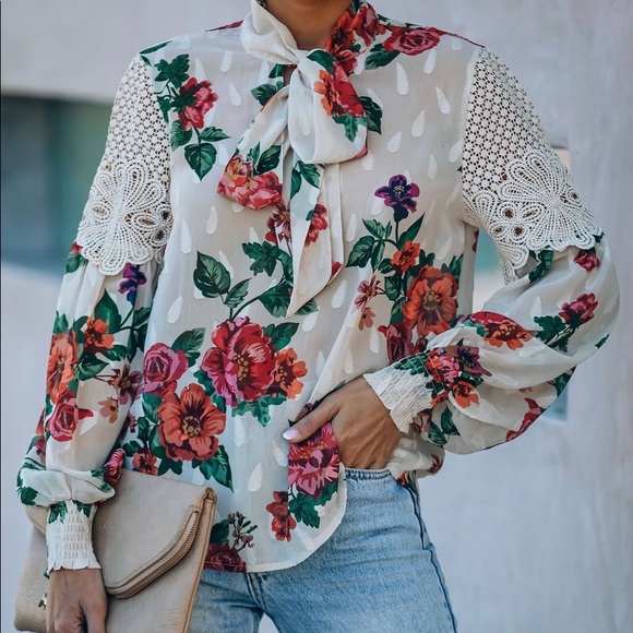 Vici Tops - VICI Popular Stems Textured Crochet Tie Blouse